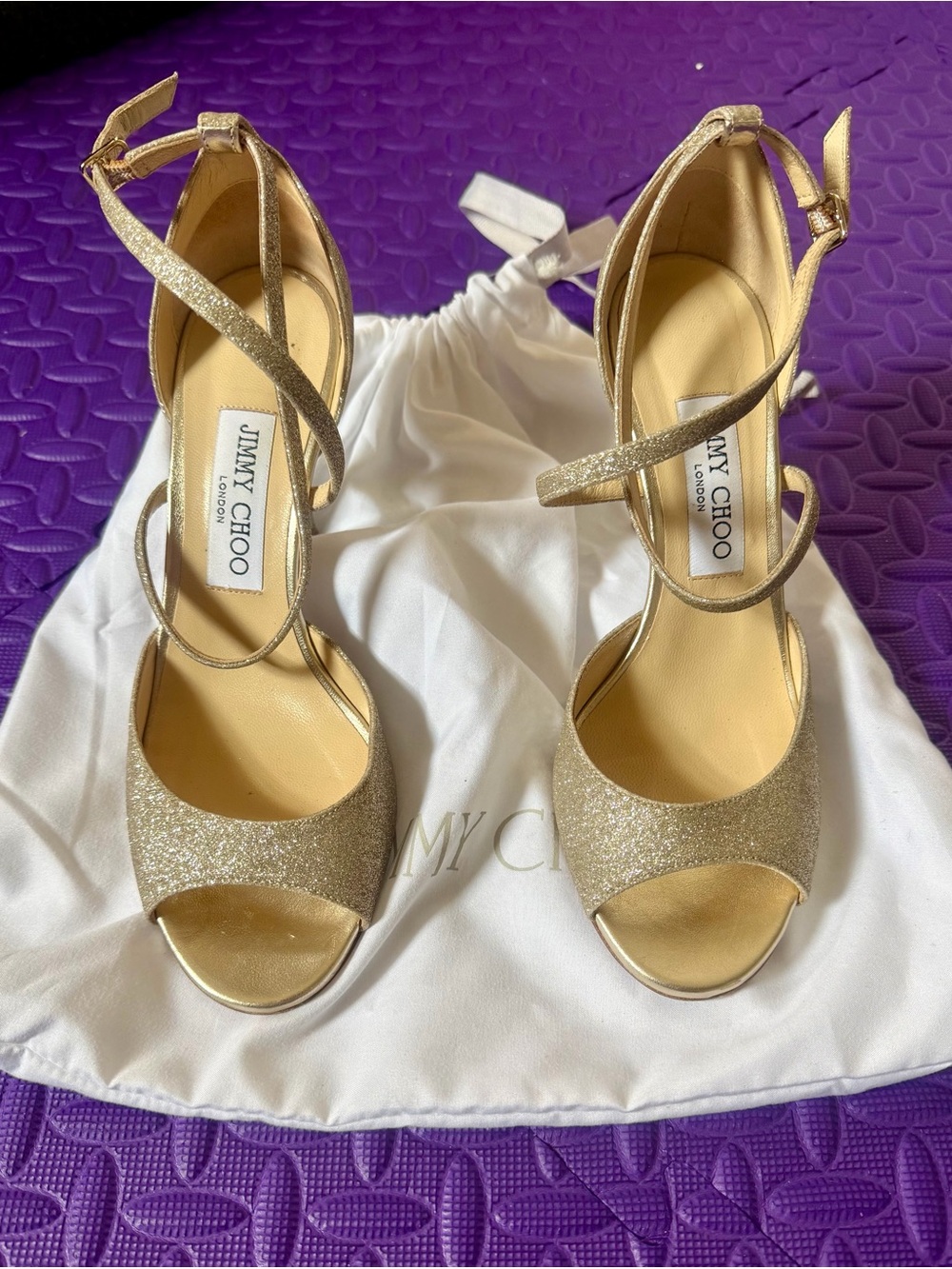 Jimmy Choo Glitter Gold Peep-Toe Strappy Heels